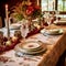 Autumnal holiday tablescape, formal dinner table setting, classic festive table scape with decoration for wedding party and event