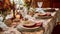 Autumnal holiday tablescape, formal dinner table setting, classic festive table scape with decoration for wedding party and event