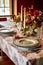 Autumnal holiday tablescape, formal dinner table setting, classic festive table scape with decoration for wedding party and event