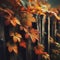 Autumnal leaves drape over wooden fence, after a rain shower