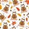 Autumnal leaves and owl bird seamless patter