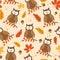 Autumnal leaves and owl bird seamless pattern