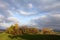 Autumnal panorama with a large wooden bench