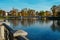 Autumnal park. Lake with reflection. Morning. Bridge