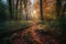 Autumnal Pathway Through Towering Trees