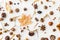 Autumnal pattern with nature garden details, flat lay. Autumn leaves, berries, acorns, nuts,anise, chestnut and flowers on white