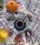Autumnal picnic with tea at woolen blanket