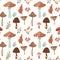 Autumnal seamless pattern with different mushrooms and plants