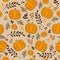 Autumnal seamless pattern - pumpkins and leaves, on beige background.