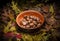 Autumnal still life composition: clay pot and chestnuts
