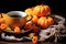 Autumnal still life flowers, pumpkins and cup of tea or coffee