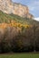 An autumnal valley with orange, yellow and green trees