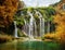 Autumnal view of beautiful waterfalls in Plitvice Lakes National Park
