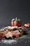 Autumnally decorated pumpkin with autumn foliage,snow and ice crystals