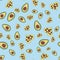 Avacado with tropical leaves, on a blue background, cute doodle seamless pattern, for fabric design home textile