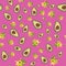 Avacado with yellow flowers on a pink background cute doodle seamless pattern,