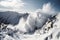 avalanche of snow and ice tumbling down mountain, with view of the distant landscape visible