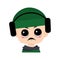 Avatar of child with big eyes and angry emotions, grumpy face, furious eyes in green hat with headphones