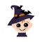 Avatar of a child with big eyes and a wide happy smile in a pointed witch hat with bats