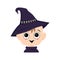 Avatar of a child with big eyes and a wide happy smile in a pointed witch hat with a skull.