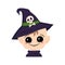 Avatar of a child with big eyes and a wide happy smile in a pointed witch hat with a skull.