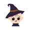 Avatar of a child with big eyes and a wide happy smile in a pointed witch hat with a spider