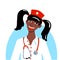 Avatar dark skinned girl in nurse costume for halloween carnival. Cap with a cross robe and stethoscope. Brunette with two