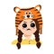 Avatar of girl with angry emotions, grumpy face, furious eyes in tiger hat