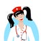 Avatar girl dressed as a nurse for the carnival. Cap with a cross robe and stethoscope. Smiling brunette with two