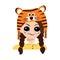 Avatar of girl with emotions of suspicious, displeased face in tiger hat