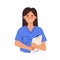 Avatar of smiling doctor or health worker in medical scrubs. Portrait of young nurse with clipboard in hands. Colored