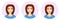 Avatar of a young girl. Woman looking sideways, smiling. Look away. Round icon. Cute face. Short haircut. Caucasian woman. Blue t-