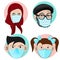 Avatars of grandmother and grandfather, a boy and a girl in protective face masks, created in conjunction with the coronovirus