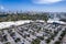 Aventura, Florida, USA - Aerial of Aventura Commons Shopping Mall. Skyline of Sunny Isles Beach in the distance