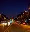 Avenue Champs-Elysees with illumination and triumphal arch on the horizon in Paris, France. Champs Elysees is one of the most famo