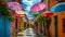 An avenue lined with colorful umbrellas creates a vibrant and romantic scene