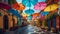 An avenue lined with colorful umbrellas creates a vibrant and romantic scene in a charming village