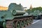 The average Soviet tanks T-34-85 closeup on the background of St