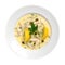 Avgolemono Greek Lemon Chicken Soup On White Plate On A White Background