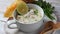 Avgolemono - traditional greek chicken soup with rice, lemon and eggs