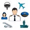 Aviation and aircraft color sketch icons