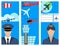 Aviation brochure set airline station airport symbols departure terminal plane flayer tourism vector illustration