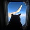 Aviation cat flying in airplane looking out porthole overlooking blue sky wing. Silhouette cat in airplane window