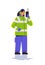 aviation marshaller using walkie talkie woman air traffic controller airline worker in signal vest professional airport