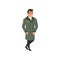 Aviation officer in green coat with rank stripes. Cartoon character of army pilot. Colorful flat vector design