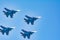 Aviation pilots demonstrate high aerobatics on fighters. Aircraft bombers in the blue sky. Military aircraft in the sky