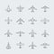 Aviation thin line icons and linear aircraft planes vector signs