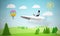 Aviator driving paper plane on nature landscape