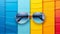 Aviator Sunglasses on backdrop of white blue and yellow color