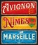 Avignon, Nimes, Marseille french city travel plate
